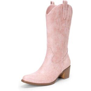 Women's Pink-pu Faux Suede Square Toe Cowboy Mid Calf Western Boots 15 Inches